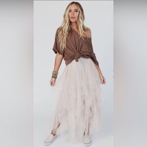 Three Bird Nest Ballerina Layered Tulle Maxi Skirt in Nude
